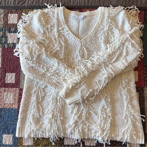 J. Jill Cream Fringe V-Neck Sweater